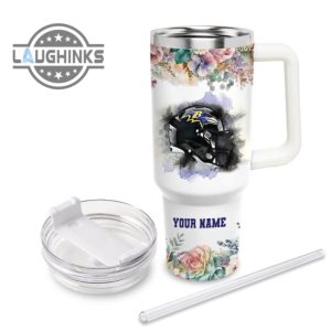 custom name ravens helmet flame pattern 40oz stainless steel tumbler with handle and straw lid personalized stanley tumbler dupe 40 oz stainless steel travel cups laughinks 1 3