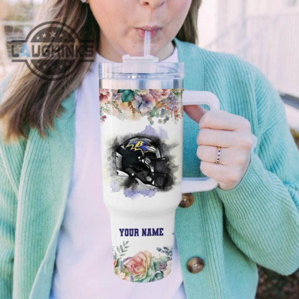 custom name ravens helmet flame pattern 40oz stainless steel tumbler with handle and straw lid personalized stanley tumbler dupe 40 oz stainless steel travel cups laughinks 1 5