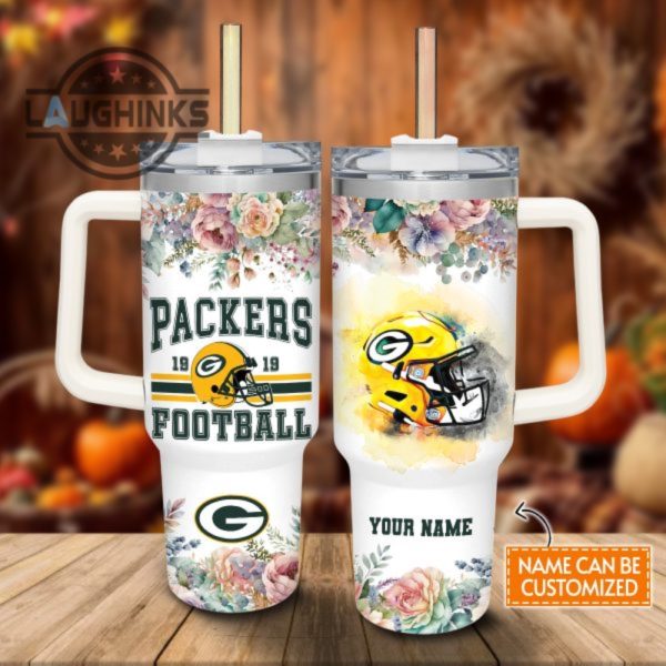 custom name packers helmet flame pattern 40oz stainless steel tumbler with handle and straw lid personalized stanley tumbler dupe 40 oz stainless steel travel cups laughinks 1