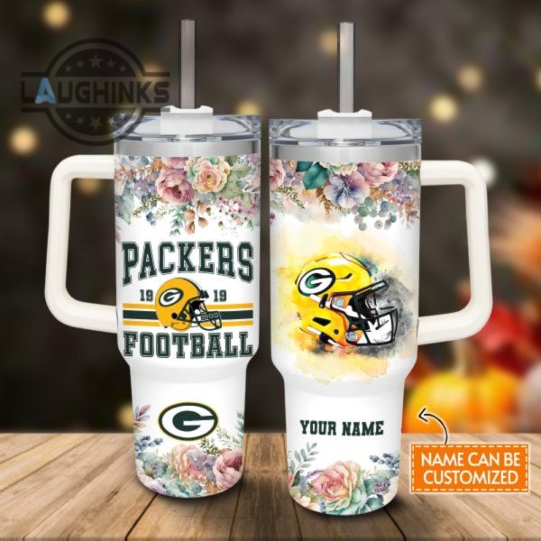 custom name packers helmet flame pattern 40oz stainless steel tumbler with handle and straw lid personalized stanley tumbler dupe 40 oz stainless steel travel cups laughinks 1 1
