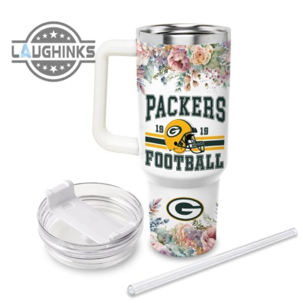 custom name packers helmet flame pattern 40oz stainless steel tumbler with handle and straw lid personalized stanley tumbler dupe 40 oz stainless steel travel cups laughinks 1 2