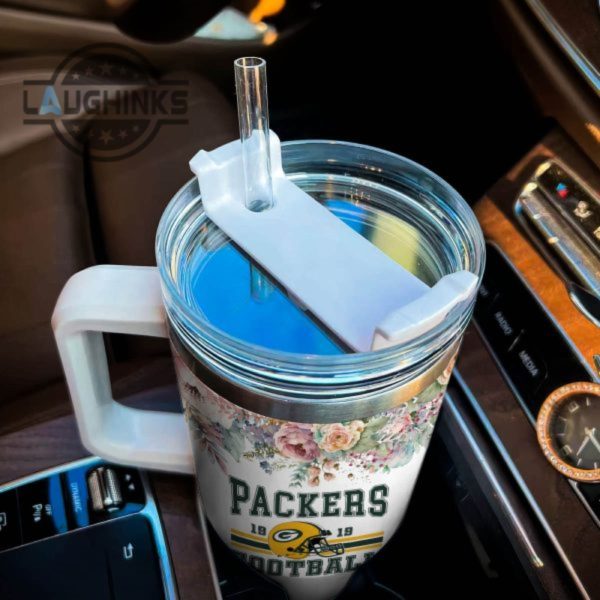 custom name packers helmet flame pattern 40oz stainless steel tumbler with handle and straw lid personalized stanley tumbler dupe 40 oz stainless steel travel cups laughinks 1 4