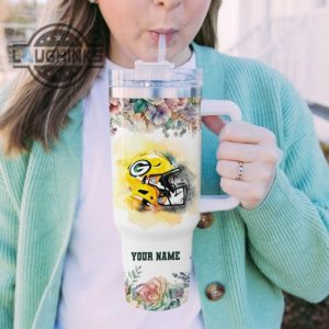 custom name packers helmet flame pattern 40oz stainless steel tumbler with handle and straw lid personalized stanley tumbler dupe 40 oz stainless steel travel cups laughinks 1 5