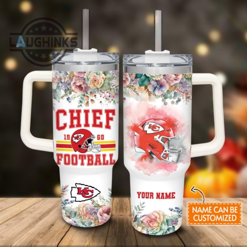 Custom Name Chiefs Helmet Flame Pattern 40Oz Stainless Steel Tumbler With Handle And Straw Lid Personalized Stanley Tumbler Dupe 40 Oz Stainless Steel Travel Cups