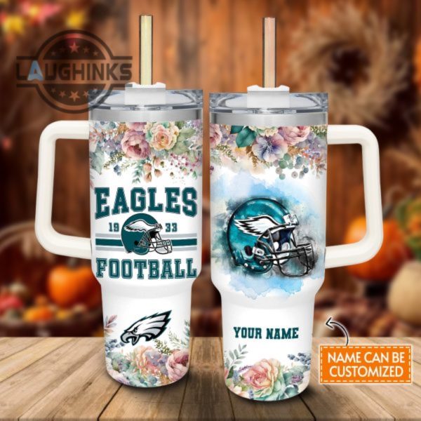 custom name eagles helmet flame pattern 40oz stainless steel tumbler with handle and straw lid personalized stanley tumbler dupe 40 oz stainless steel travel cups laughinks 1