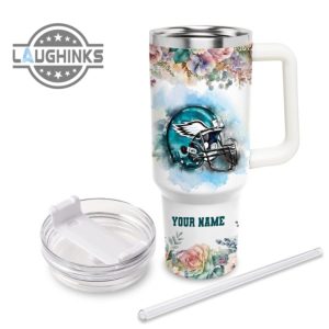 custom name eagles helmet flame pattern 40oz stainless steel tumbler with handle and straw lid personalized stanley tumbler dupe 40 oz stainless steel travel cups laughinks 1 3