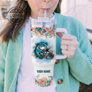custom name eagles helmet flame pattern 40oz stainless steel tumbler with handle and straw lid personalized stanley tumbler dupe 40 oz stainless steel travel cups laughinks 1 5