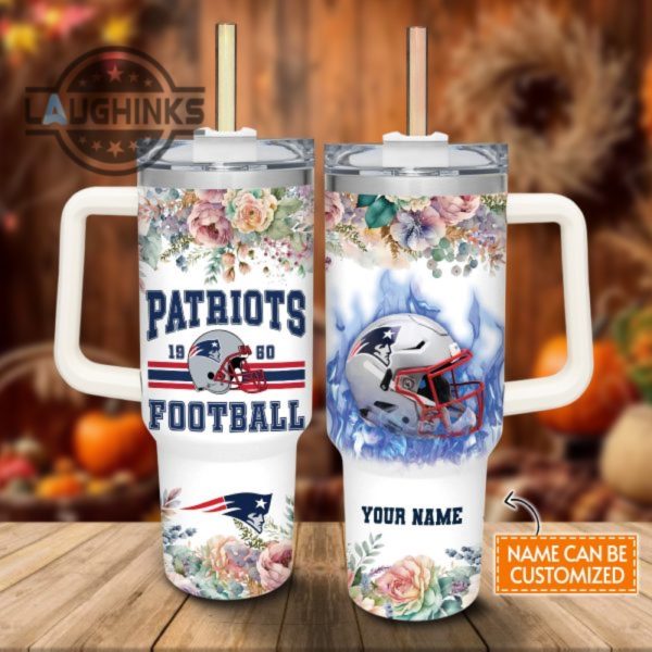 custom name patriots helmet flame pattern 40oz stainless steel tumbler with handle and straw lid personalized stanley tumbler dupe 40 oz stainless steel travel cups laughinks 1
