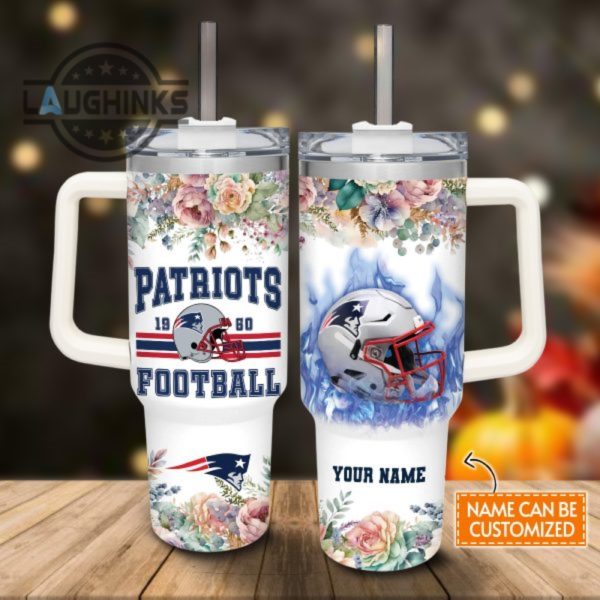 custom name patriots helmet flame pattern 40oz stainless steel tumbler with handle and straw lid personalized stanley tumbler dupe 40 oz stainless steel travel cups laughinks 1 1