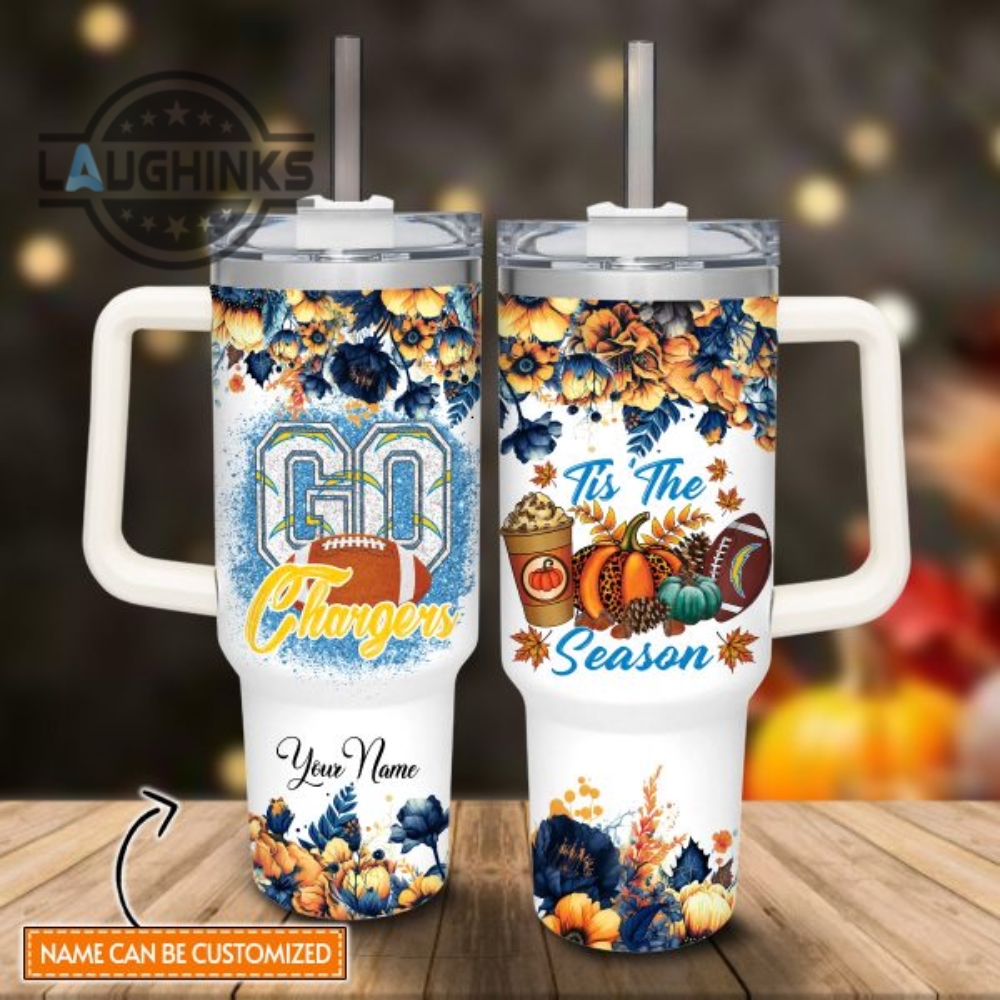 Custom Name Go Chargers Tis The Season Flower Pattern 40Oz Stainless Steel Tumbler With Handle And Straw Lid Personalized Stanley Tumbler Dupe 40 Oz Stainless Steel Travel Cups