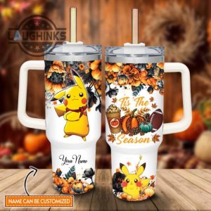 custom name pikachu tis the season fall leaf pattern 40oz stainless steel tumbler with handle and straw lid personalized stanley tumbler dupe 40 oz stainless steel travel cups laughinks 1