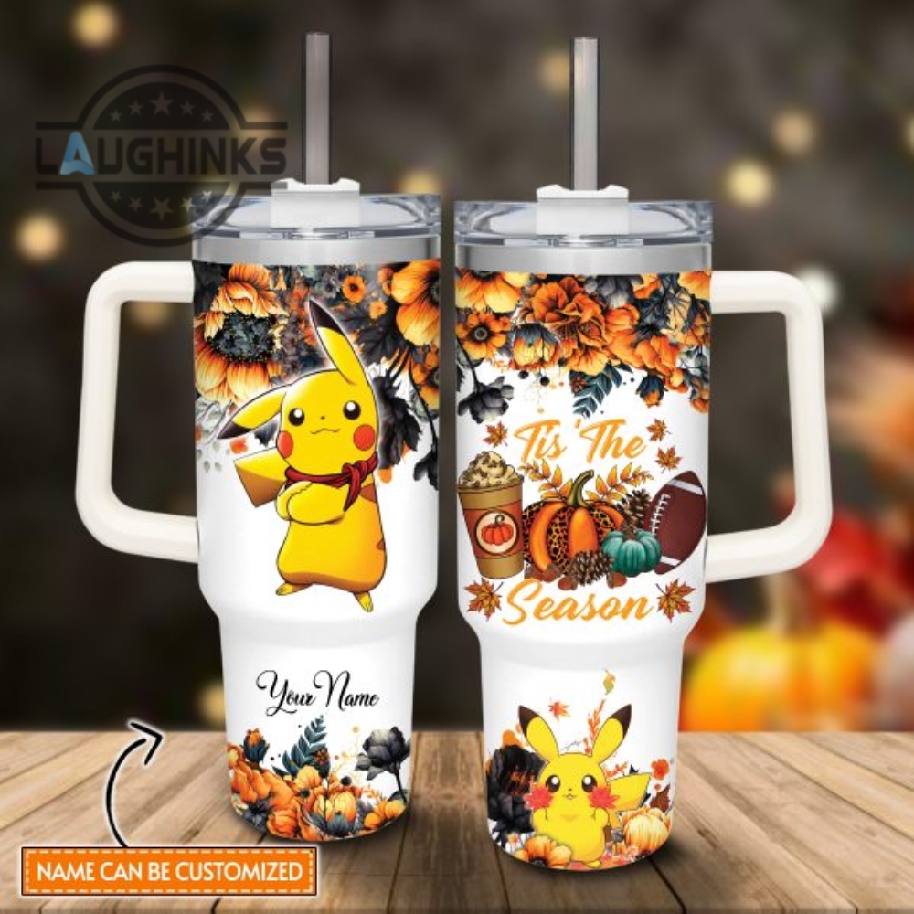 Custom Name Pikachu Tis The Season Fall Leaf Pattern 40Oz Stainless Steel Tumbler With Handle And Straw Lid Personalized Stanley Tumbler Dupe 40 Oz Stainless Steel Travel Cups