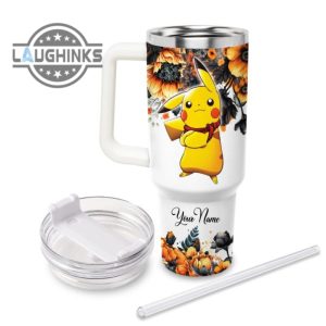 custom name pikachu tis the season fall leaf pattern 40oz stainless steel tumbler with handle and straw lid personalized stanley tumbler dupe 40 oz stainless steel travel cups laughinks 1 2