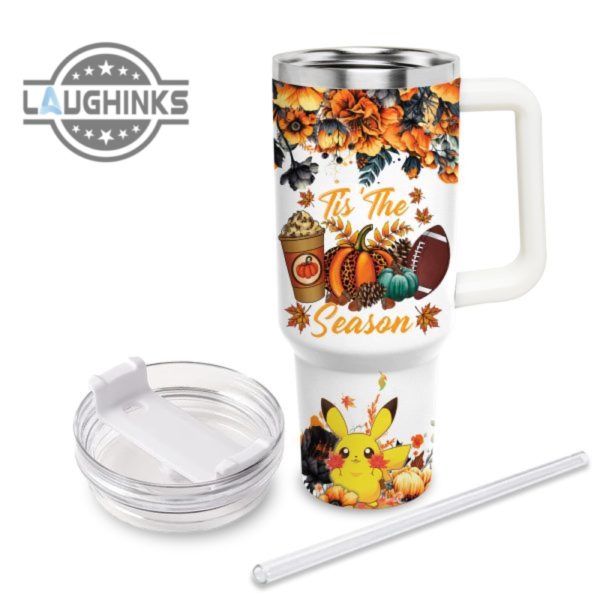 custom name pikachu tis the season fall leaf pattern 40oz stainless steel tumbler with handle and straw lid personalized stanley tumbler dupe 40 oz stainless steel travel cups laughinks 1 3