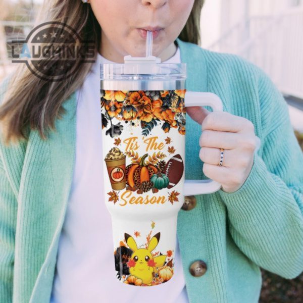 custom name pikachu tis the season fall leaf pattern 40oz stainless steel tumbler with handle and straw lid personalized stanley tumbler dupe 40 oz stainless steel travel cups laughinks 1 5