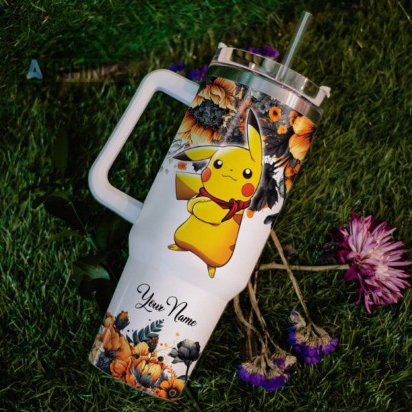 custom name pikachu tis the season fall leaf pattern 40oz stainless steel tumbler with handle and straw lid personalized stanley tumbler dupe 40 oz stainless steel travel cups laughinks 1 6