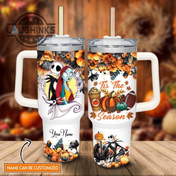 custom name jack skellington tis the season fall leaf pattern 40oz stainless steel tumbler with handle and straw lid personalized stanley tumbler dupe 40 oz stainless steel travel cups laughinks 1