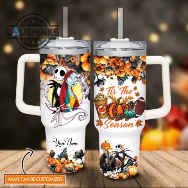 custom name jack skellington tis the season fall leaf pattern 40oz stainless steel tumbler with handle and straw lid personalized stanley tumbler dupe 40 oz stainless steel travel cups laughinks 1 1
