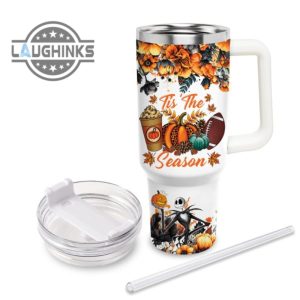 custom name jack skellington tis the season fall leaf pattern 40oz stainless steel tumbler with handle and straw lid personalized stanley tumbler dupe 40 oz stainless steel travel cups laughinks 1 3