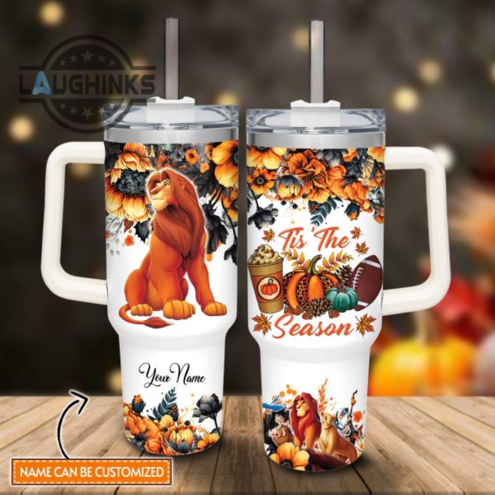 Custom Name Lion King Tis The Season Fall Leaf Pattern 40Oz Stainless Steel Tumbler With Handle And Straw Lid Personalized Stanley Tumbler Dupe 40 Oz Stainless Steel Travel Cups