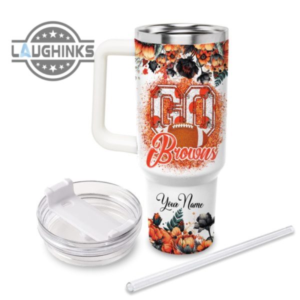 custom name go browns tis the season flower pattern 40oz stainless steel tumbler with handle and straw lid personalized stanley tumbler dupe 40 oz stainless steel travel cups laughinks 1 2