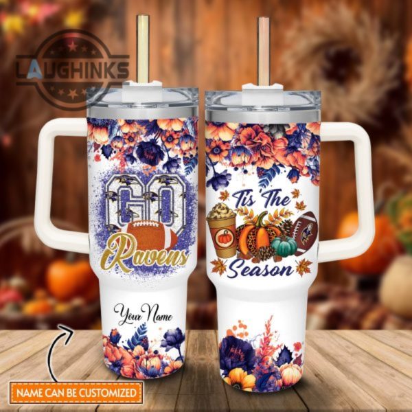 custom name go ravens tis the season flower pattern 40oz stainless steel tumbler with handle and straw lid personalized stanley tumbler dupe 40 oz stainless steel travel cups laughinks 1