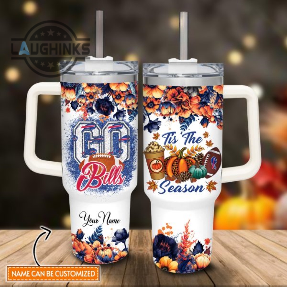 Custom Name Go Bills Tis The Season Flower Pattern 40Oz Stainless Steel Tumbler With Handle And Straw Lid Personalized Stanley Tumbler Dupe 40 Oz Stainless Steel Travel Cups