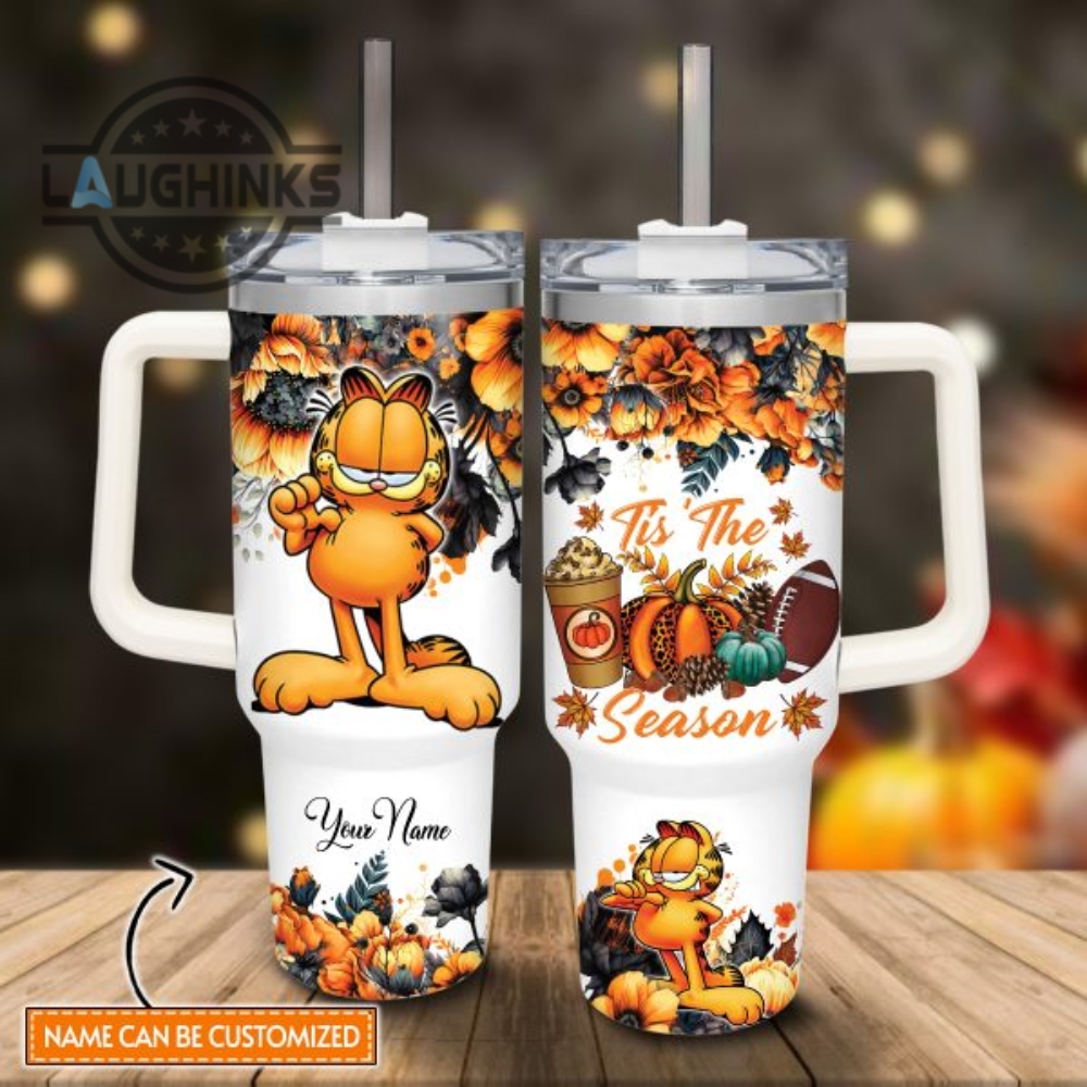 Custom Name Garfield Tis The Season Fall Leaf Pattern 40Oz Stainless Steel Tumbler With Handle And Straw Lid Personalized Stanley Tumbler Dupe 40 Oz Stainless Steel Travel Cups