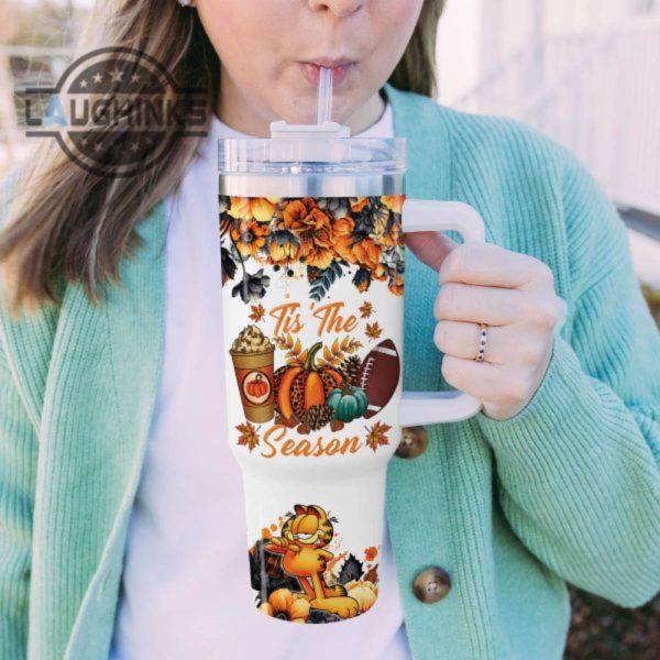 custom name garfield tis the season fall leaf pattern 40oz stainless steel tumbler with handle and straw lid personalized stanley tumbler dupe 40 oz stainless steel travel cups laughinks 1 5