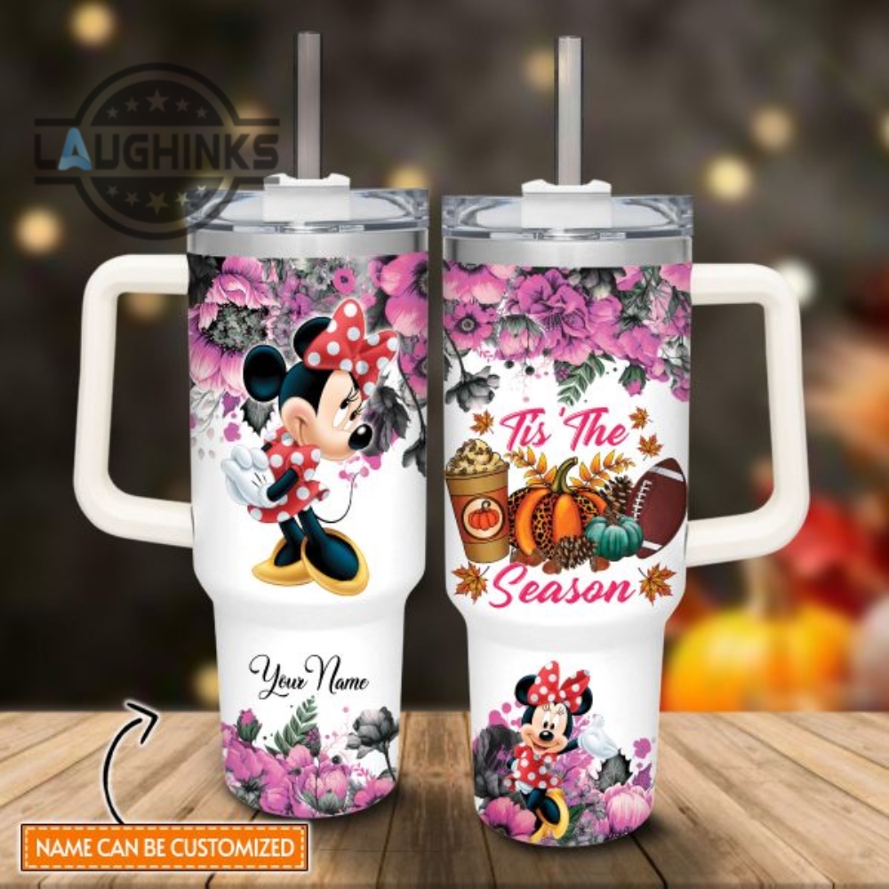 Custom Name Minnie Mouse Tis The Season Fall Leaf Pattern 40Oz Stainless Steel Tumbler With Handle And Straw Lid Personalized Stanley Tumbler Dupe 40 Oz Stainless Steel Travel Cups