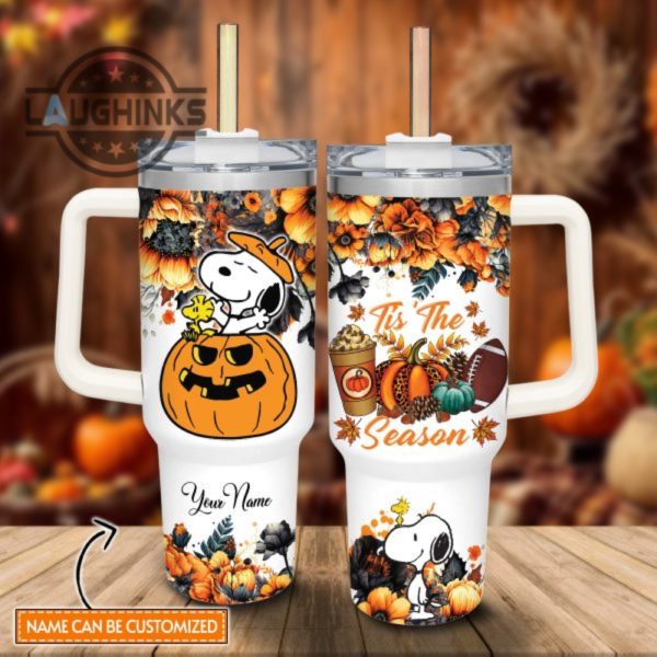 custom name snoopy tis the season fall leaf pattern 40oz stainless steel tumbler with handle and straw lid personalized stanley tumbler dupe 40 oz stainless steel travel cups laughinks 1