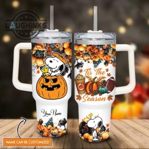 custom name snoopy tis the season fall leaf pattern 40oz stainless steel tumbler with handle and straw lid personalized stanley tumbler dupe 40 oz stainless steel travel cups laughinks 1 1