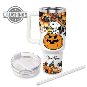 custom name snoopy tis the season fall leaf pattern 40oz stainless steel tumbler with handle and straw lid personalized stanley tumbler dupe 40 oz stainless steel travel cups laughinks 1 2