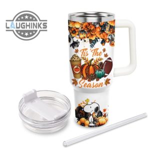 custom name snoopy tis the season fall leaf pattern 40oz stainless steel tumbler with handle and straw lid personalized stanley tumbler dupe 40 oz stainless steel travel cups laughinks 1 3