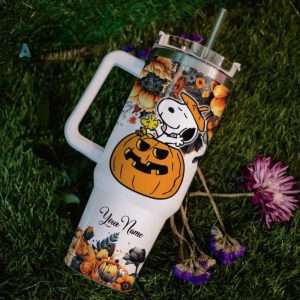 custom name snoopy tis the season fall leaf pattern 40oz stainless steel tumbler with handle and straw lid personalized stanley tumbler dupe 40 oz stainless steel travel cups laughinks 1 6