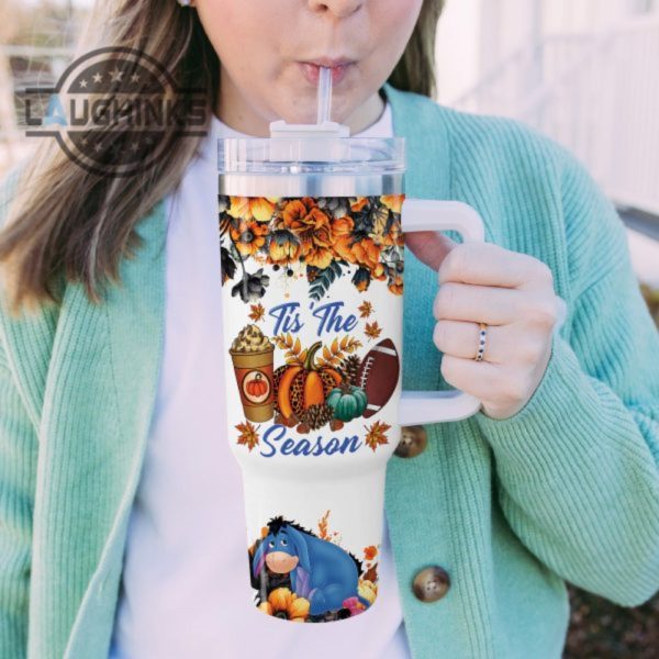 custom name eeyore tis the season fall leaf pattern 40oz stainless steel tumbler with handle and straw lid personalized stanley tumbler dupe 40 oz stainless steel travel cups laughinks 1 5