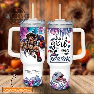 custom name just a girl loves patriots mascot flower pattern 40oz stainless steel tumbler with handle and straw lid personalized stanley tumbler dupe 40 oz stainless steel travel cups laughinks 1