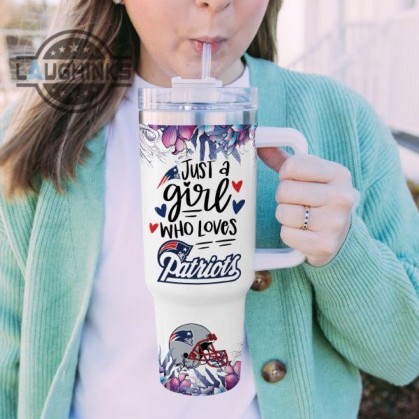 custom name just a girl loves patriots mascot flower pattern 40oz stainless steel tumbler with handle and straw lid personalized stanley tumbler dupe 40 oz stainless steel travel cups laughinks 1 5