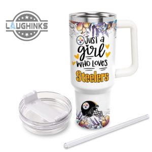 custom name just a girl loves steelers mascot flower pattern 40oz stainless steel tumbler with handle and straw lid personalized stanley tumbler dupe 40 oz stainless steel travel cups laughinks 1 3