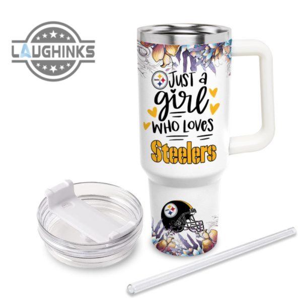 custom name just a girl loves steelers mascot flower pattern 40oz stainless steel tumbler with handle and straw lid personalized stanley tumbler dupe 40 oz stainless steel travel cups laughinks 1 3