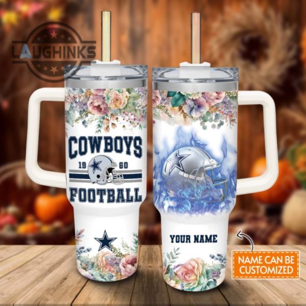 custom name cowboys helmet flame pattern 40oz stainless steel tumbler with handle and straw lid personalized stanley tumbler dupe 40 oz stainless steel travel cups laughinks 1