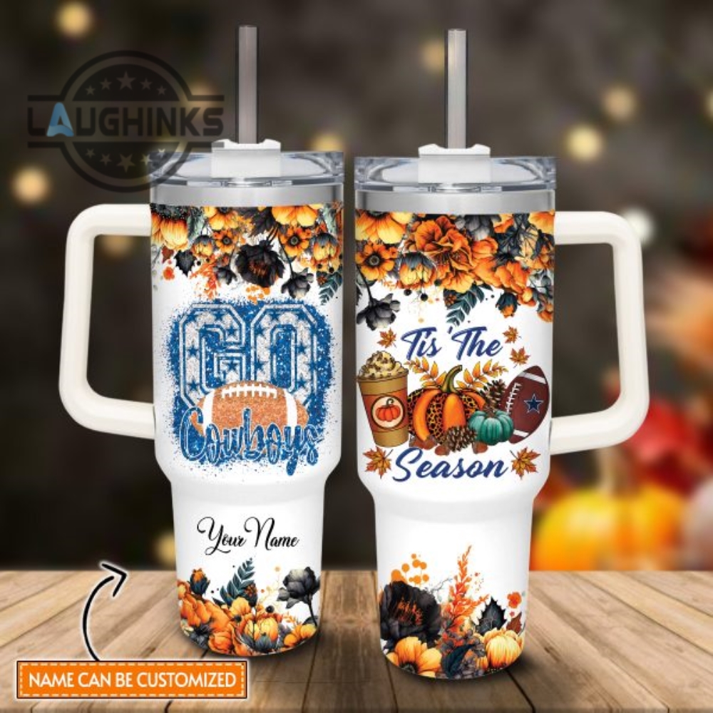 Custom Name Go Cowboys Tis The Season Flower Pattern 40Oz Stainless Steel Tumbler With Handle And Straw Lid Personalized Stanley Tumbler Dupe 40 Oz Stainless Steel Travel Cups