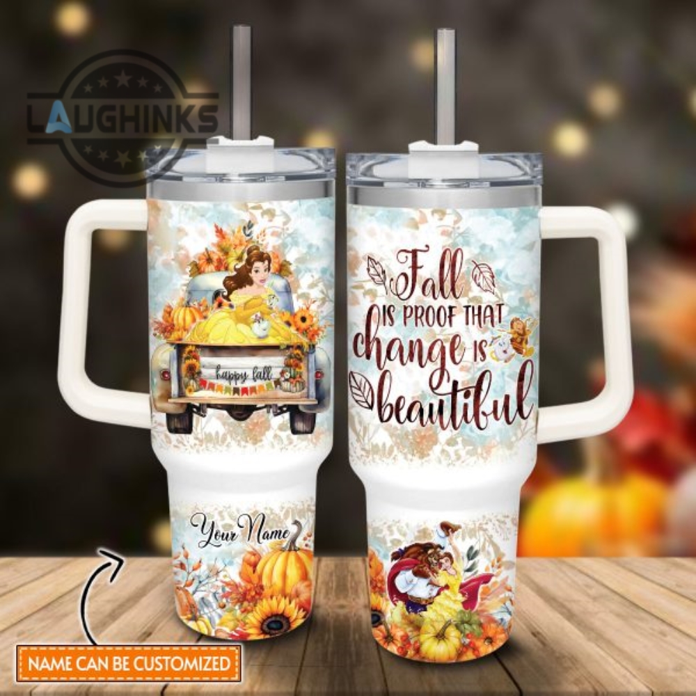 Custom Name Beauty  The Beast Happy Fall Pumpkin Flower Pattern 40Oz Tumbler With Handle And Straw Lid Personalized Stanley Tumbler Dupe 40 Oz Stainless Steel Travel Cups