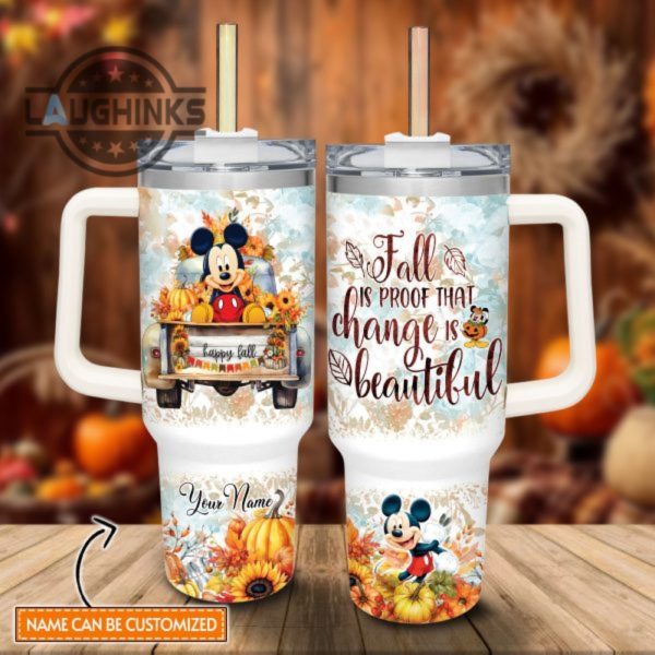 custom name mickey mouse happy fall pumpkin flower pattern 40oz tumbler with handle and straw lid personalized stanley tumbler dupe 40 oz stainless steel travel cups laughinks 1