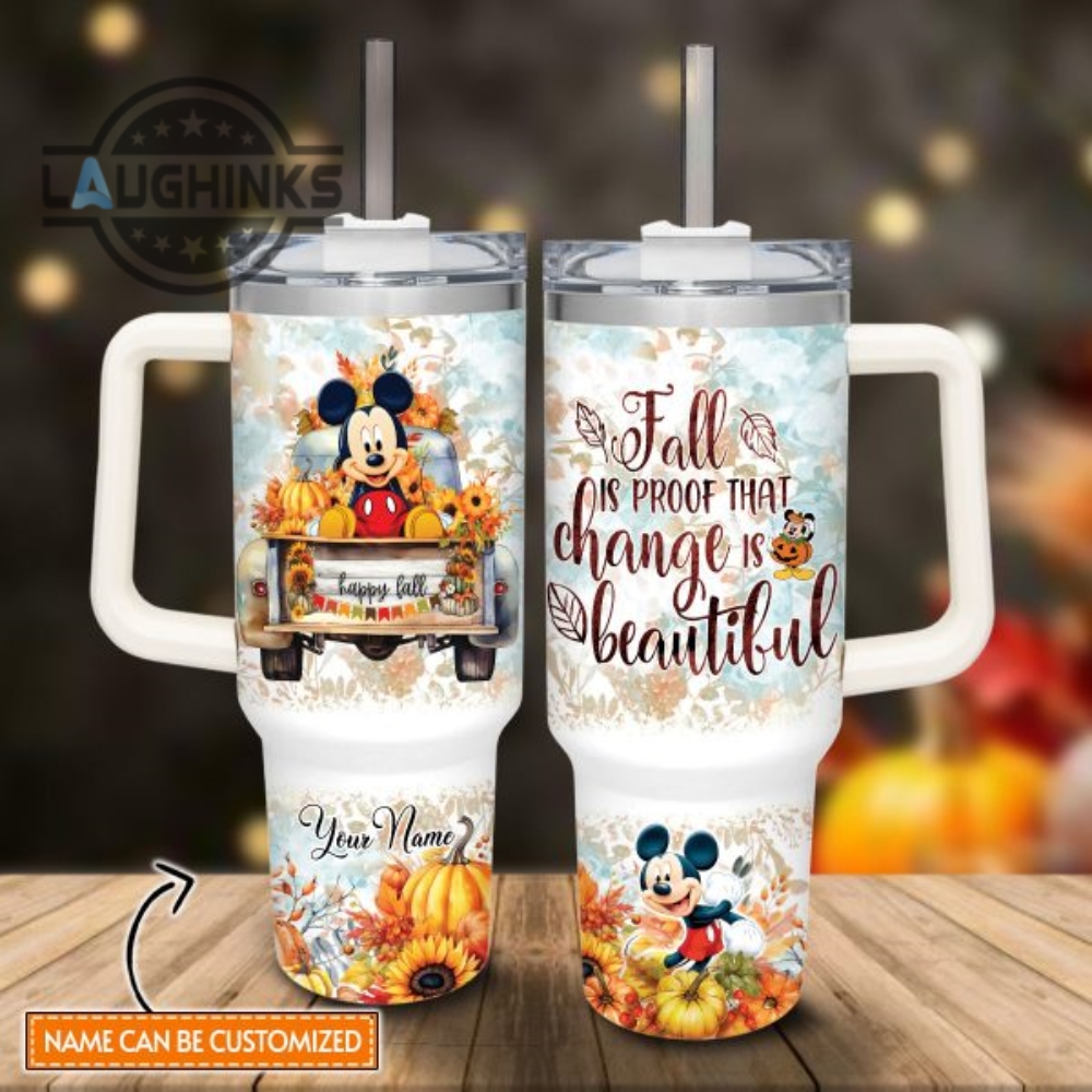 Custom Name Mickey Mouse Happy Fall Pumpkin Flower Pattern 40Oz Tumbler With Handle And Straw Lid Personalized Stanley Tumbler Dupe 40 Oz Stainless Steel Travel Cups
