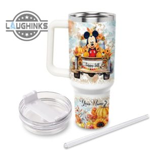 custom name mickey mouse happy fall pumpkin flower pattern 40oz tumbler with handle and straw lid personalized stanley tumbler dupe 40 oz stainless steel travel cups laughinks 1 2