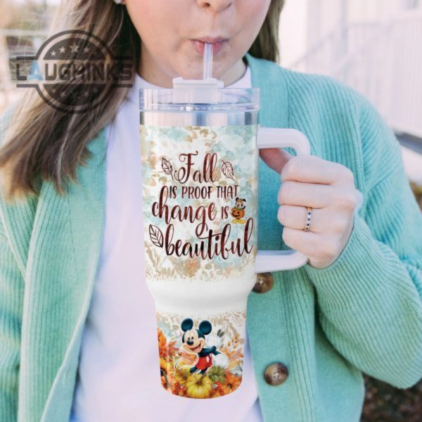 custom name mickey mouse happy fall pumpkin flower pattern 40oz tumbler with handle and straw lid personalized stanley tumbler dupe 40 oz stainless steel travel cups laughinks 1 5