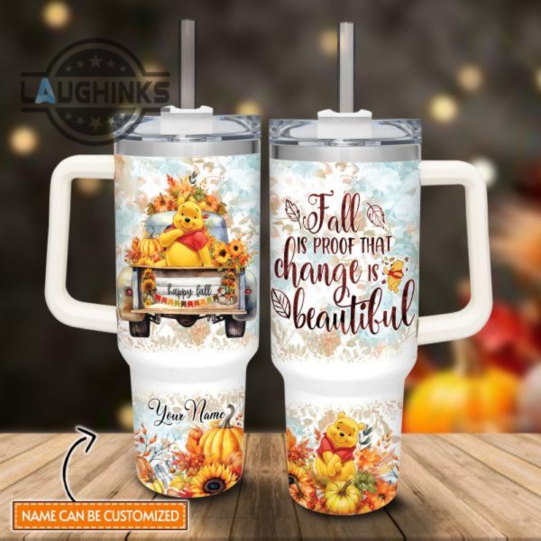 custom name winnie the pooh happy fall pumpkin flower pattern 40oz tumbler with handle and straw lid personalized stanley tumbler dupe 40 oz stainless steel travel cups laughinks 1 1