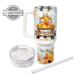 custom name winnie the pooh happy fall pumpkin flower pattern 40oz tumbler with handle and straw lid personalized stanley tumbler dupe 40 oz stainless steel travel cups laughinks 1 2