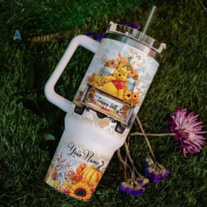 custom name winnie the pooh happy fall pumpkin flower pattern 40oz tumbler with handle and straw lid personalized stanley tumbler dupe 40 oz stainless steel travel cups laughinks 1 6